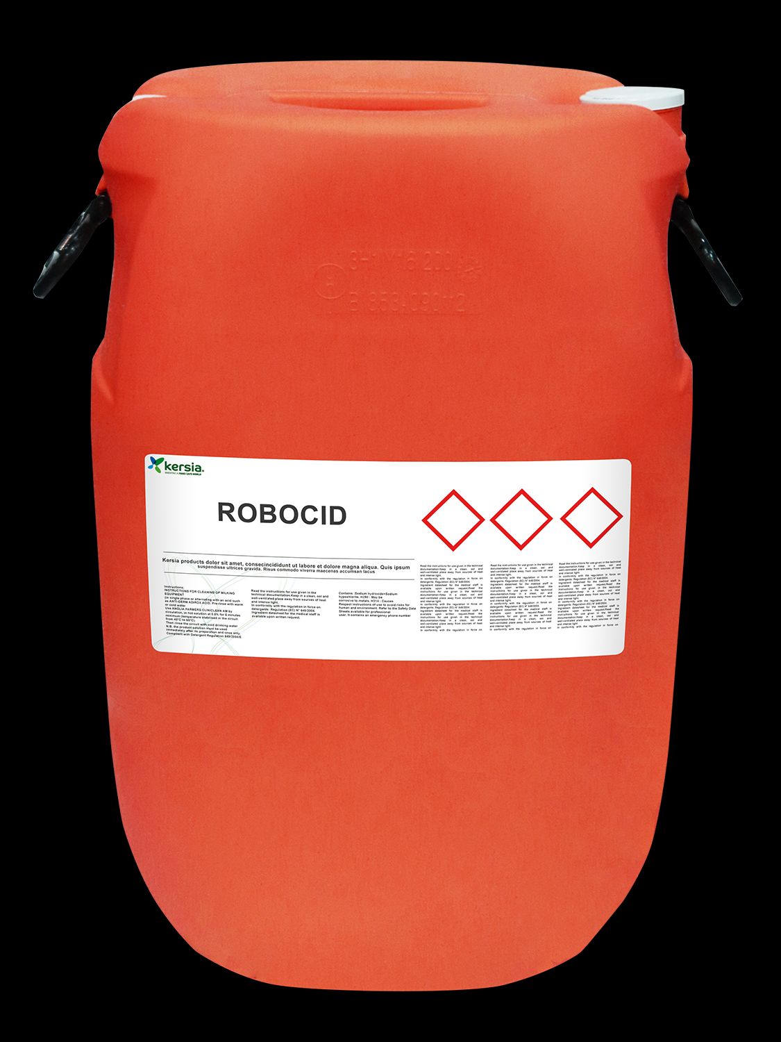 Bidon rectangulaire de couleur orange sur fond noir, muni de poignées latérales noires et d'un bouchon à vis blanc. Étiquette blanche portant la mention « ROBOCID » et le logo Kersia, ainsi que des informations et trois symboles rouges de danger.